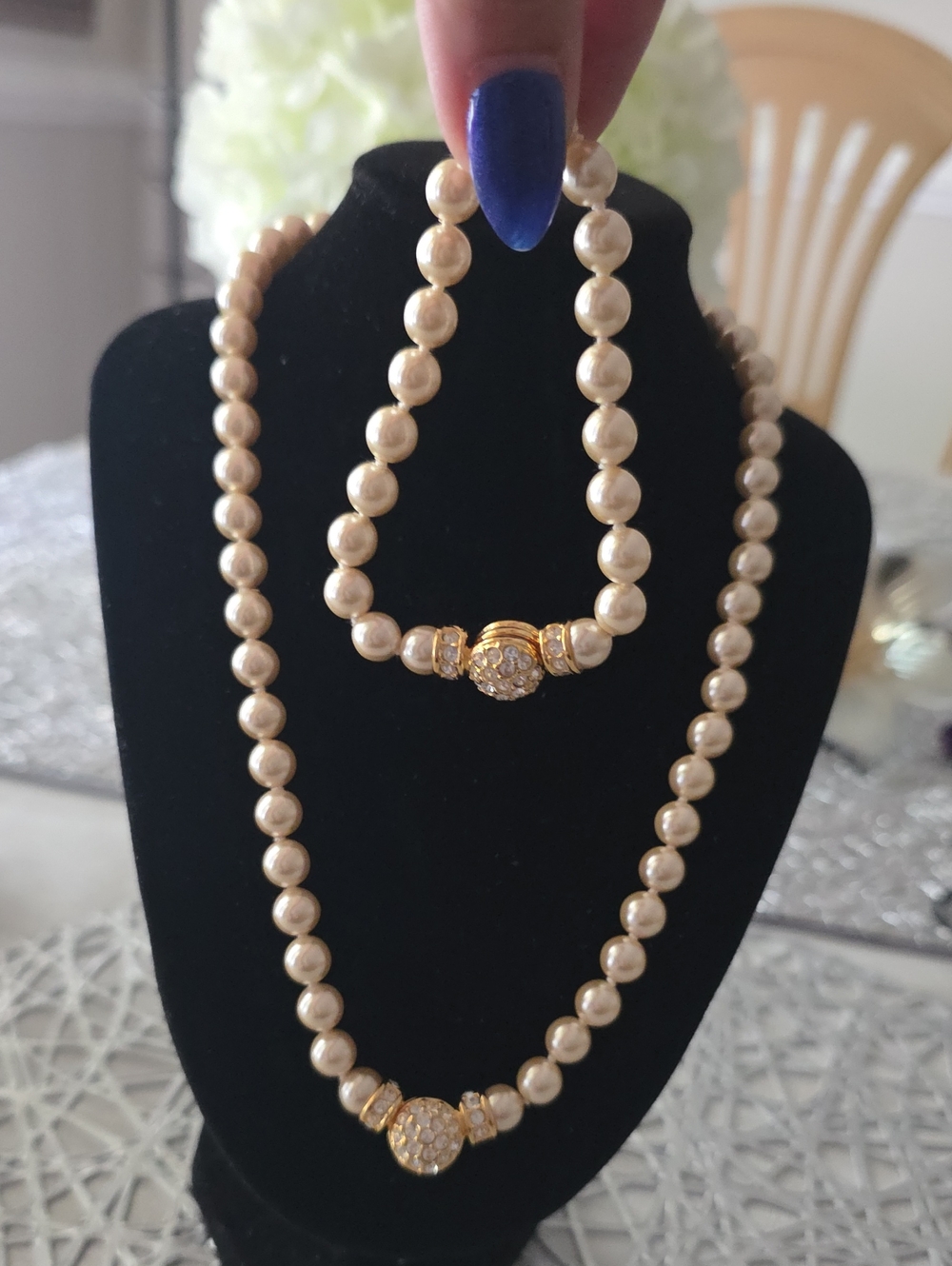 Nolan Miller Cream Pearl Necklace and Bracelet Set with Gold Accents